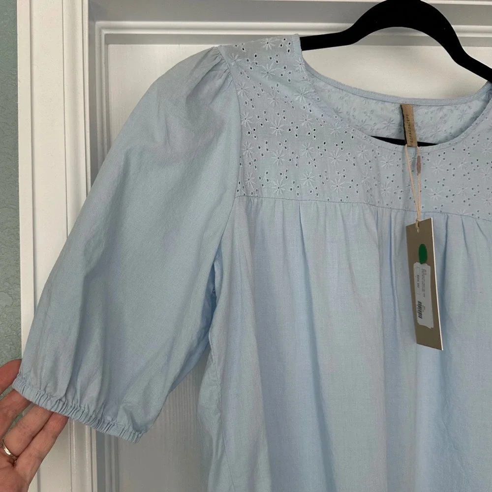 Soya‎ Concept Puff Sleeve Eyelet Detail Cottagecore Prairie Blue Size Small NWT